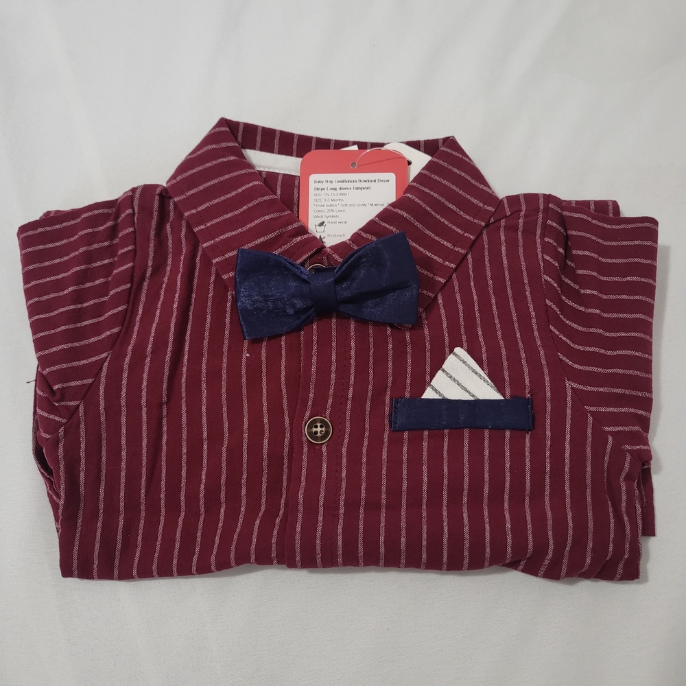 PatPat Burgundy and White Striped One Piece with Bow Tie